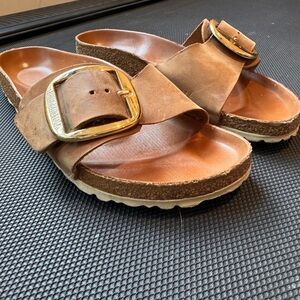 Birkenstock Madrid Brown Sandals with Gold Buckles